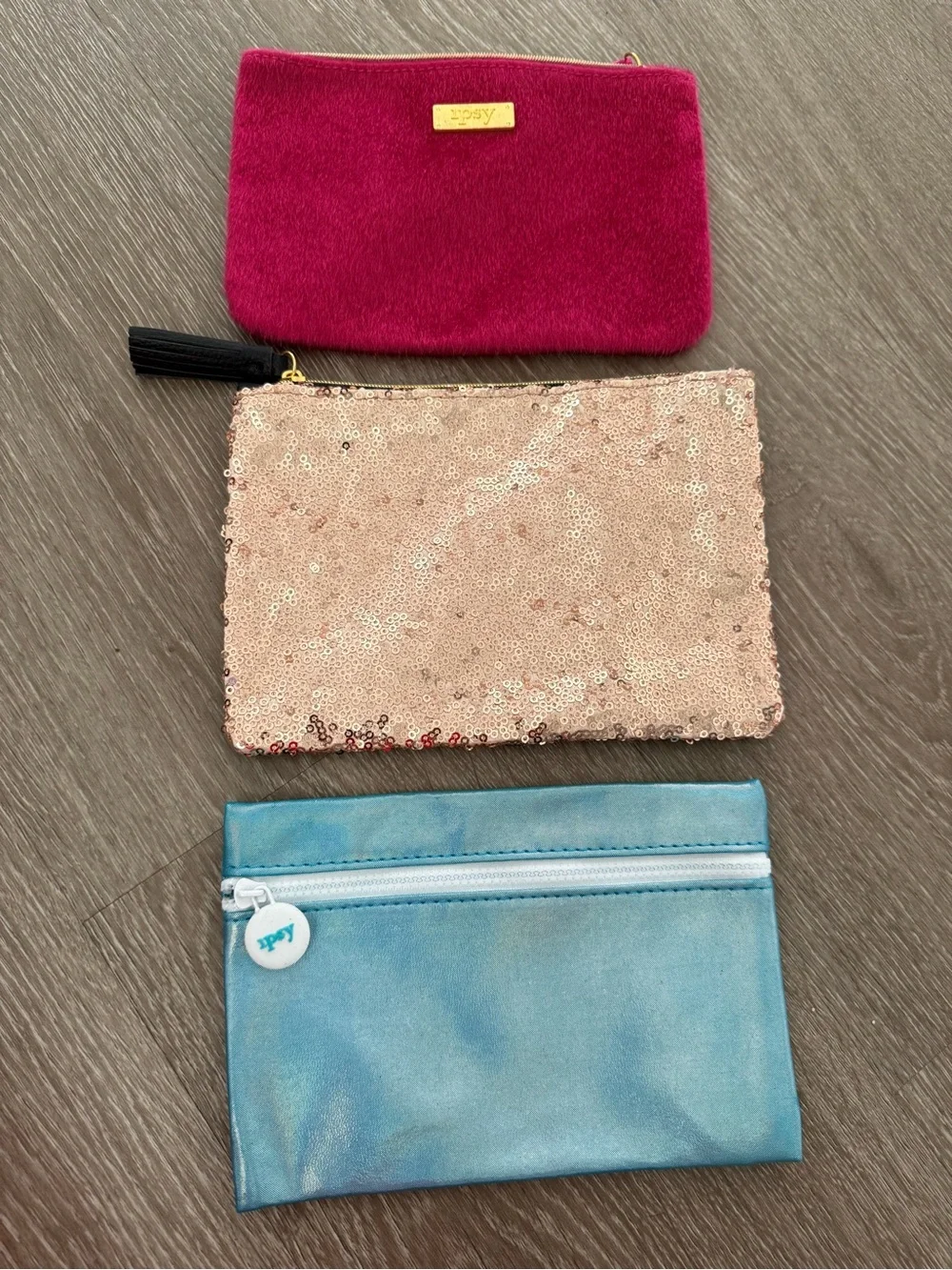 ipsy Trio of Cosmetic Pouches in Magenta, Rose Gold Sequin & Light Blue